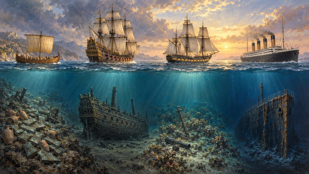 Oil painting of four famous ships above and below the waterline: a Bronze Age trader, the Swedish warship Vasa, the French East Indiaman Saint Géran and the Titanic sail at sunrise, while below the surface their wrecks lie on the seabed among amphoras, copper ingots, coral, a cannon and an anchor