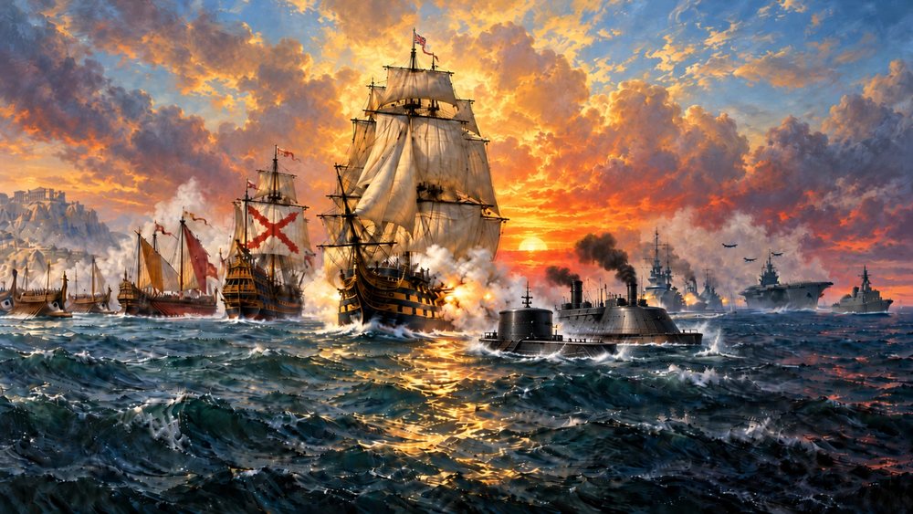 Oil painting of eight ages of war at sea on one ocean under a sunset sky: Greek triremes below a hilltop temple, Venetian and Ottoman galleys, a Spanish Armada galleon with a red saltire, HMS Victory firing a broadside at the centre, the ironclads Monitor and Virginia in the foreground, dreadnoughts, an aircraft carrier with planes overhead and a modern frigate