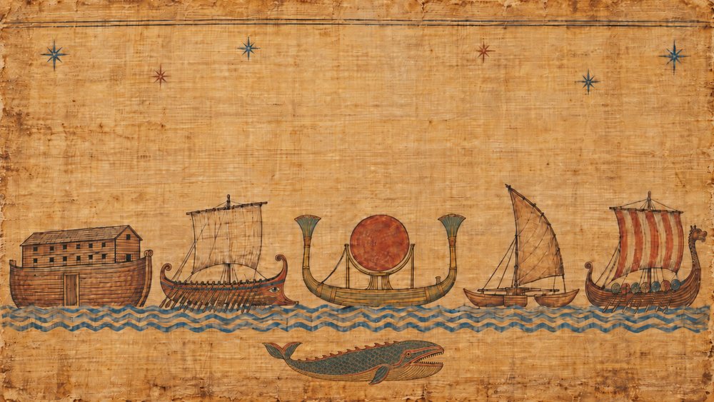Five legendary ships drawn in ink and earth pigments on papyrus: Noah's Ark, a Greek galley with oars, an Egyptian solar barque carrying the sun, a Polynesian double hulled canoe and a Norse longship, with a great fish swimming beneath the waves