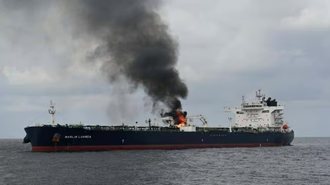 Fire burning aboard the tanker Marlin Luanda after the missile strike, January 2024