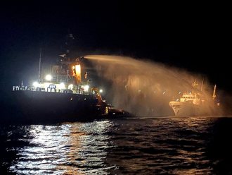 Tug fighting the fire aboard the flotilla ship Conscience off Malta, 2 May 2025