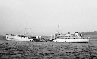Fleet oiler RFA Brown Ranger at anchor in the Clyde, 1941, with weapons fitted