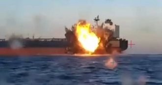 Still from Ukrainian drone footage of an explosion against the side of a tanker in the Black Sea, November 2025