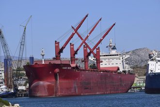 The bulk carrier Magic Seas at anchor in Ambelakia Bay, Salamis, Greece, 9 August 2022